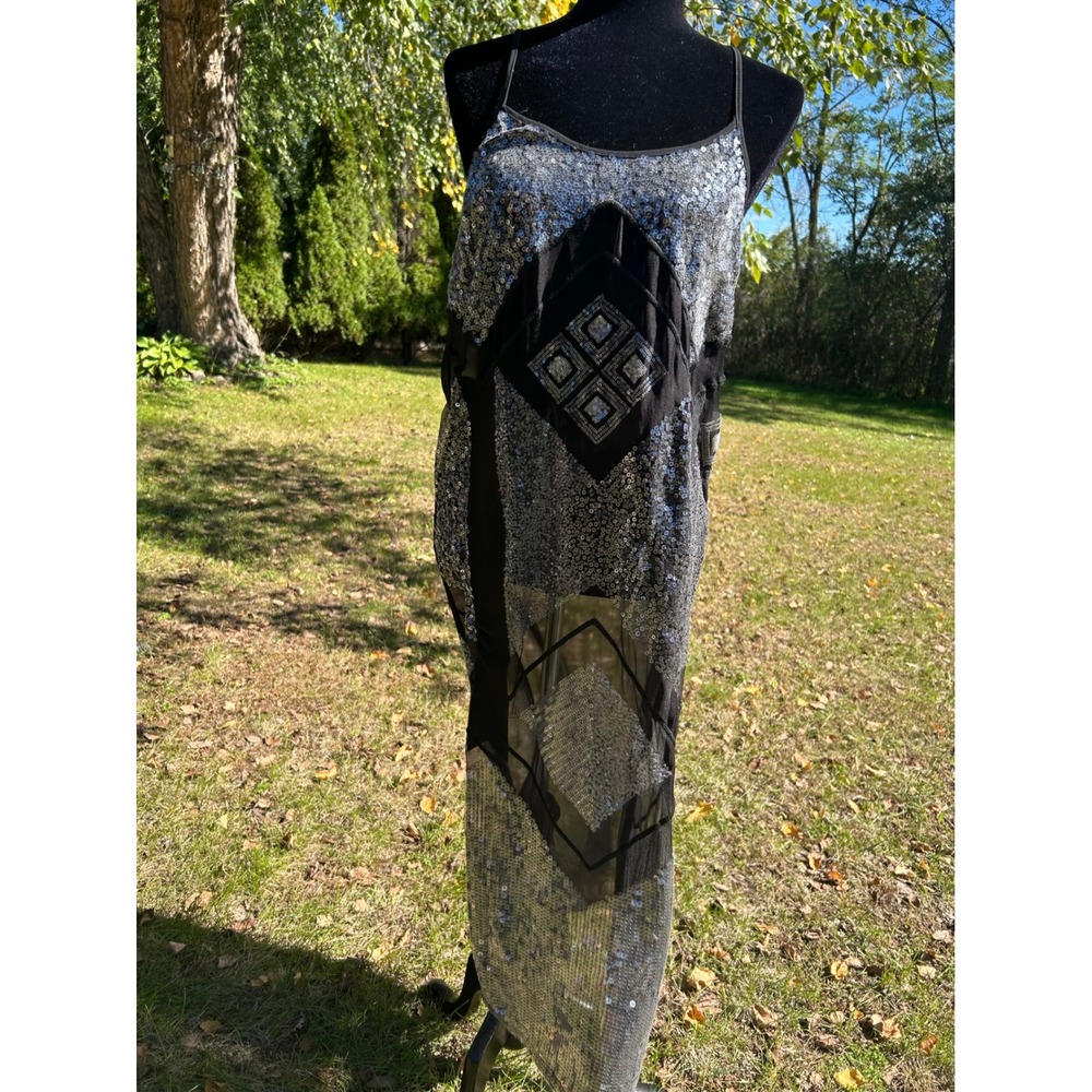 Silver Sequin Geometric Black Chiffon Midi Dress Sleeveless Party Cocktail